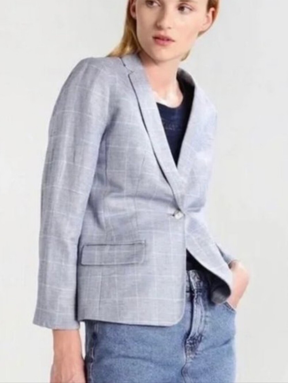 NWT Banana Republic Blue Linen Blend Chambray Windowpane Plaid Blazer Size 14